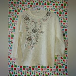 Floral Embroidered Cream Sweater